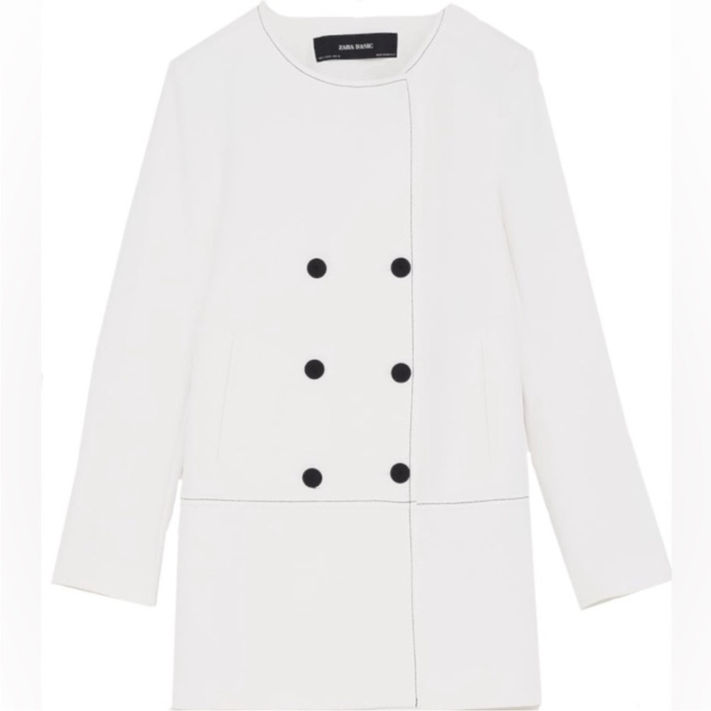 Zara Black Thread White Blazer Coat w/ Big Black Buttons Size L NWOT